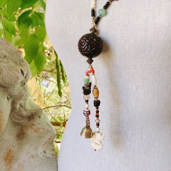 VTG Necklace Treasure Glass Carved Shell Gemstone Coral Trade Style Bead Heishi - Picture 12 of 14